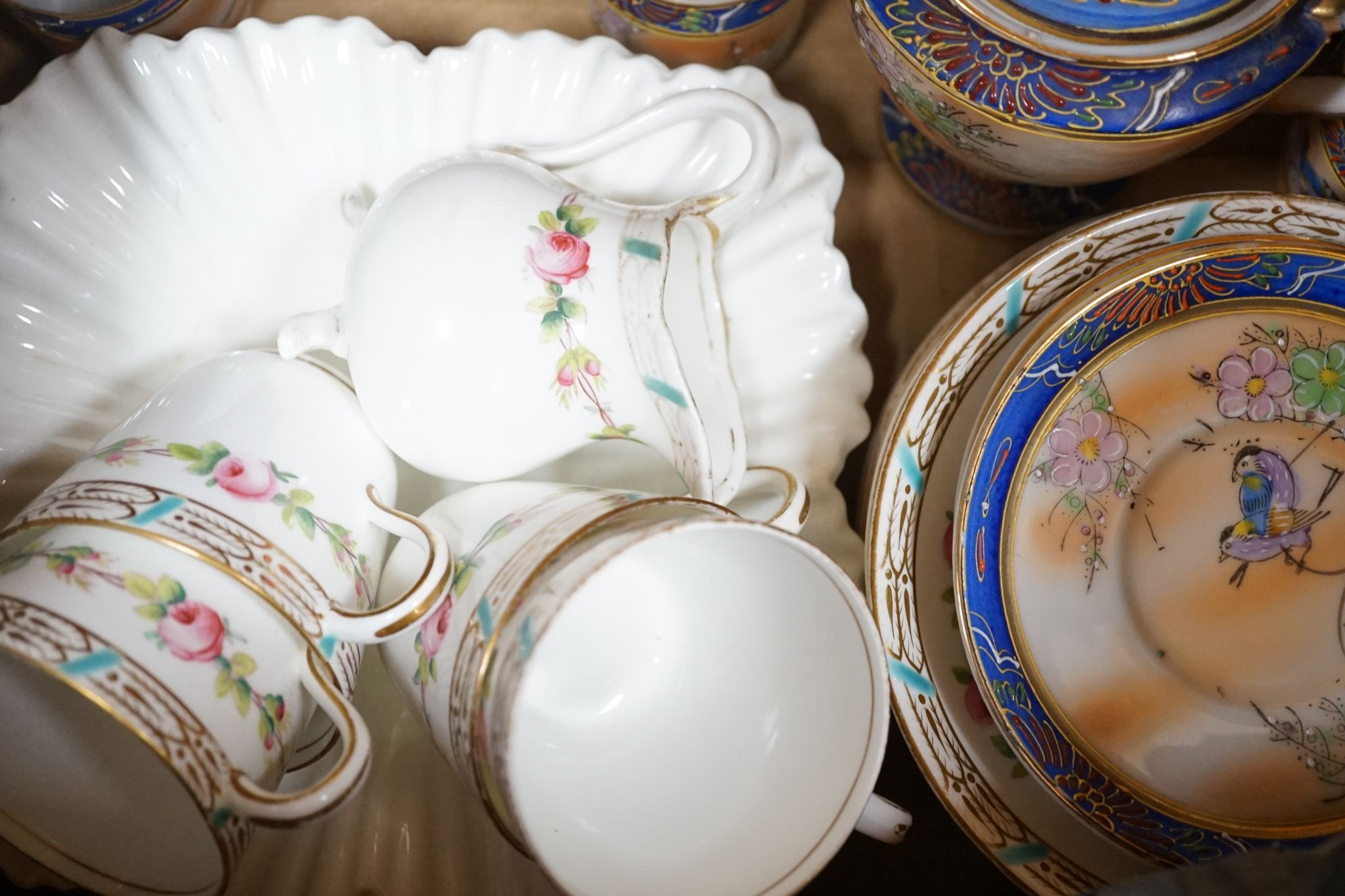 A collection of French provincial plates, various cut glass wine glasses and a Japanese Imari bowl.